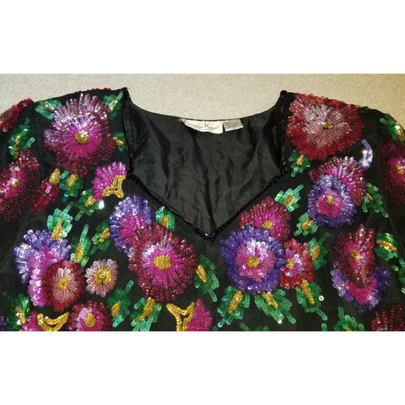 VINTAGE Womens Top-LAURENCE KAZAR-black/pink floral sequin/bead silk holiday -1X - Picture 2 of 6